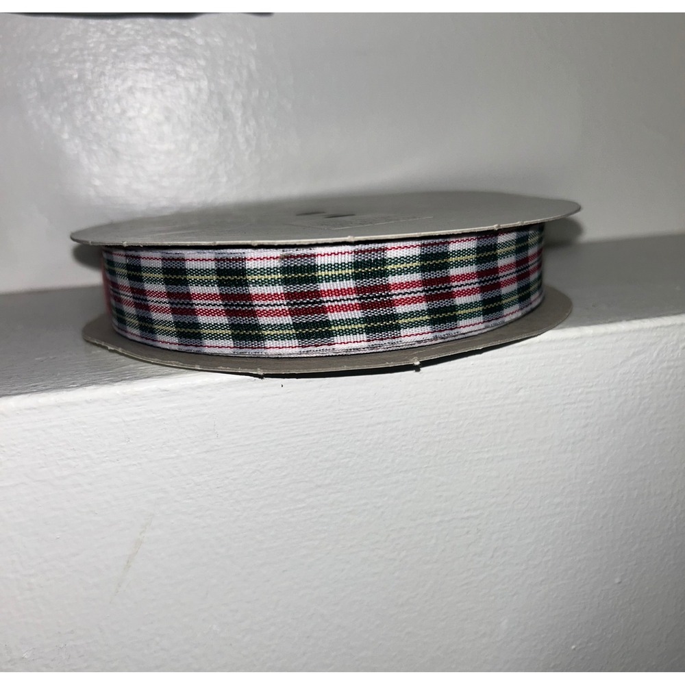 Vintage Plaid Ribbon Spool Red Green White Yellow 50 Yards Made in USA 1 inch